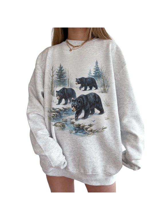Black Bear Sweatshirt for Men and Women, Vintage Winter Forest Animal Graphic Crewneck, Sizes S-3XL