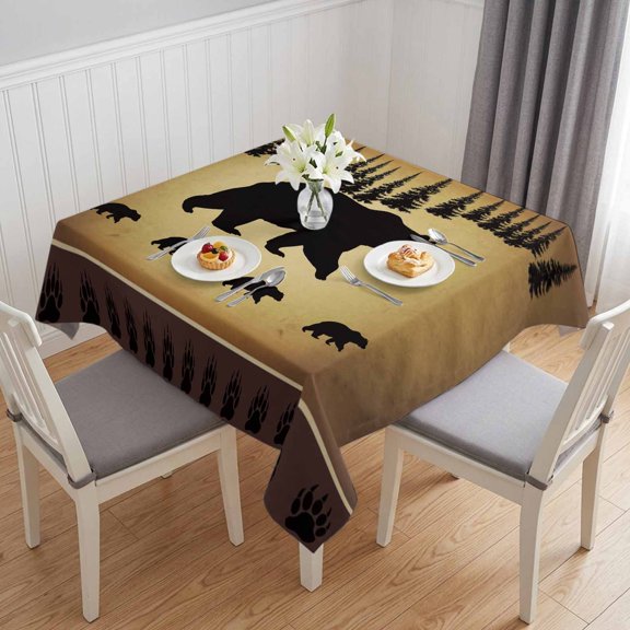 Black Bear Table Cloth Waterproof Tablecloths, Vintage Animals Farmhouse Pine Brown Forest Tablecloth Dining Table Cover for Kitchen Party Tabletop Outdoor, Square Tablecloth 60x60 Inch