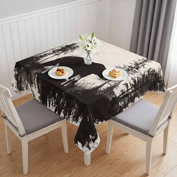 Black Bear Table Cloth Waterproof Tablecloths, Vintage Forest Cabin Animals Silhouette Tablecloth Dining Table Cover for Kitchen Party Tabletop Outdoor, Square Tablecloth 54x54 Inch