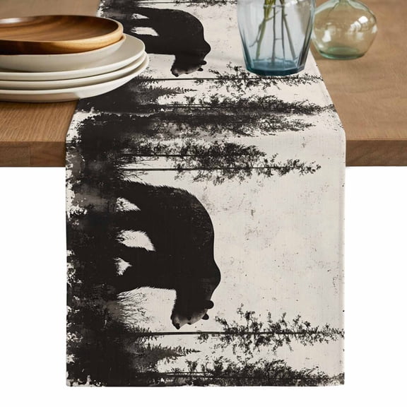 Black Bear Table Runner, Vintage Forest Cabin Animals Silhouette Washable Cotton Linen Table Runners 36 Inches Long, Dresser Scarf Runner for Nightstand/End Tables/Round Tables 13''x36''