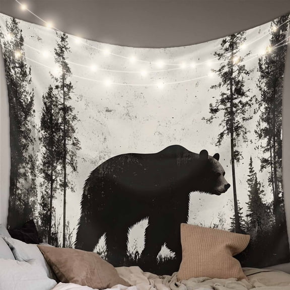 Black Bear Tapestry for Bedroom Wall Hanging Tapestry, Vintage Forest Cabin Animals Silhouette Ceiling Backdrop Tapestries Poster Blanket Wall Decor for Teens Room Living Room Dorm 55" x 73"
