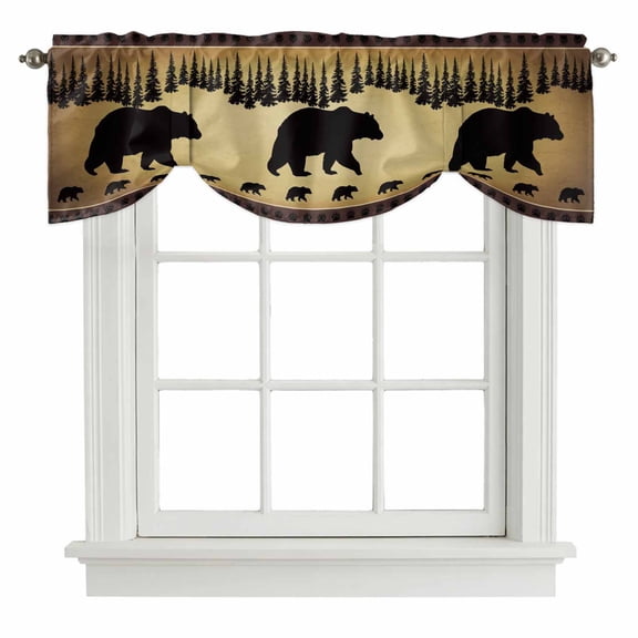 Black Bear Tie Up Valance Curtains for Windows, Kitchen Curtains Window Treatments, Vintage Animals Farmhouse Pine Brown Forest Short Window Shades Valances for Bedroom Bathroom Cafe 42"x12"