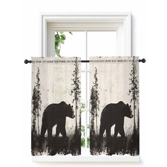 Black Bear Tier Curtains 45 Inch Length,Sheer Curtains for Bedroom Living Room Window Vintage Forest Cabin Animals Silhouette Rod Pocket Drapes Kitchen Curtains Small Half Window 27.5"x45" 2 Panels