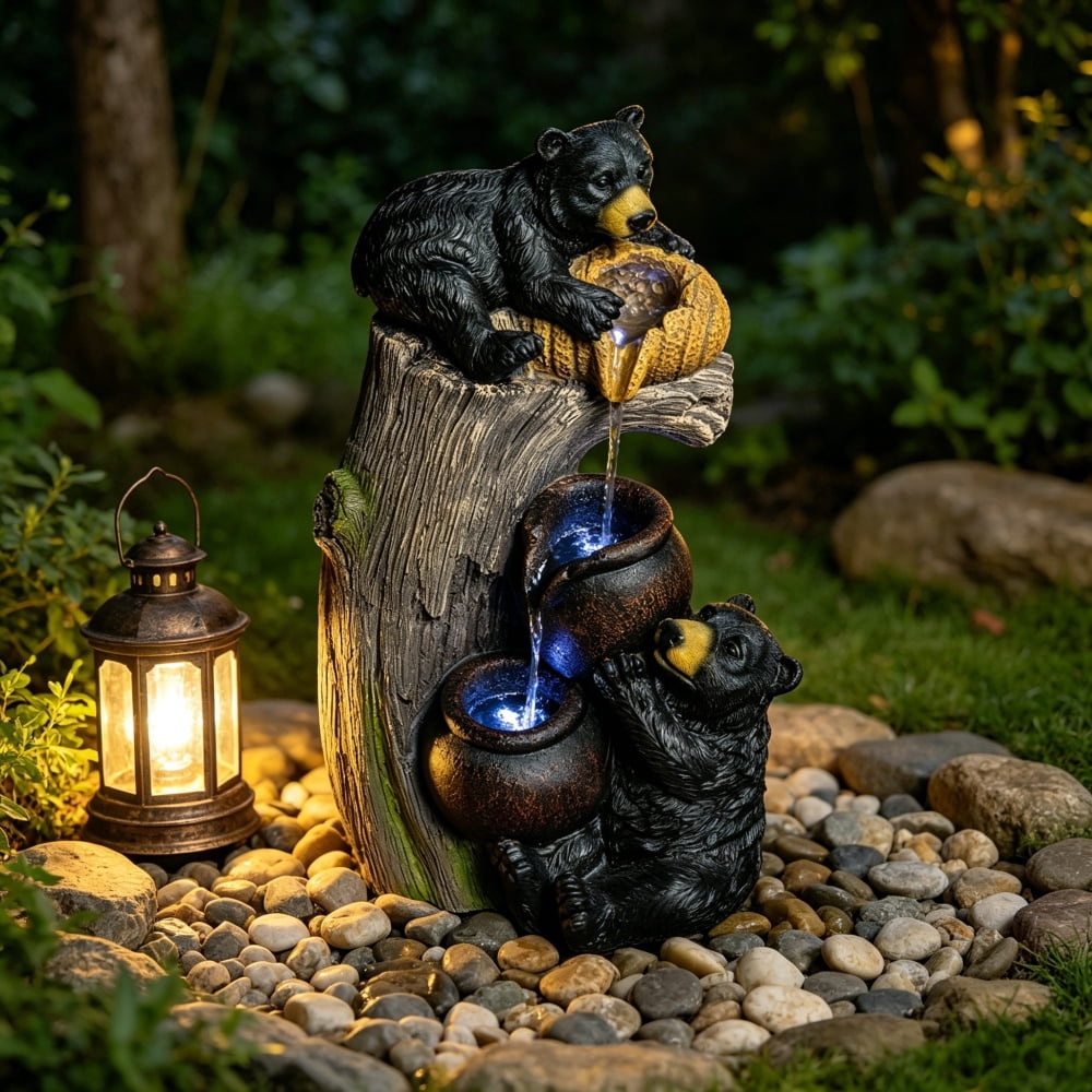 Black Bear Tiered Cascading Outdoor Water Fountain with Warm LED Lights, 23.6" Weatherproof Resin Garden Decor for Patio Yard Porch Backyard