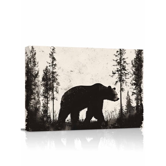 Black Bear Wall Art for Living Room,Canvas Picture Wall Decor for Bathroom Bedroom,Vintage Forest Cabin Animals Silhouette Painting Artwork for Office Kitchen Hallway Dining Room Home Decor 12"x16"