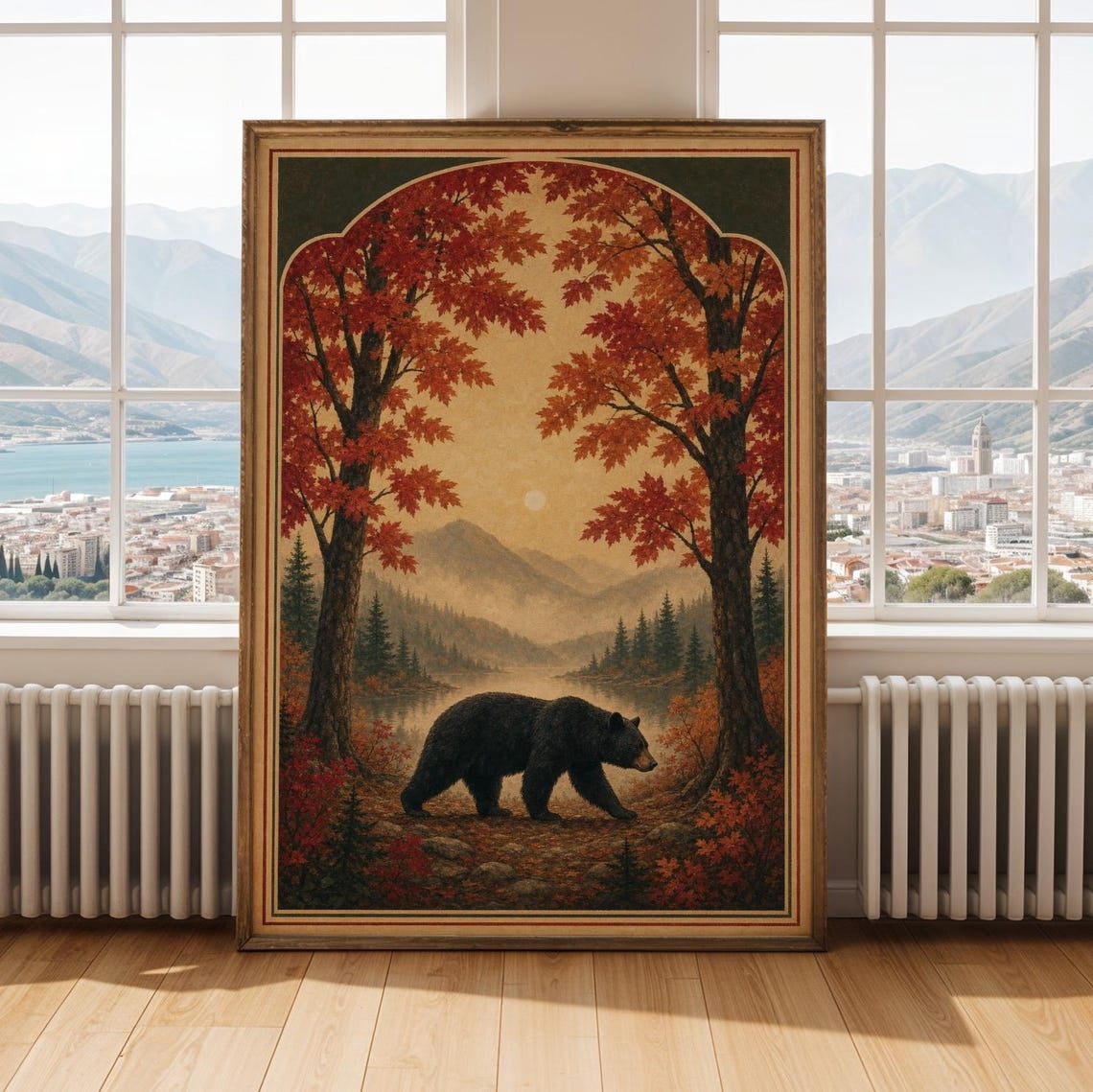 Black Bear Wall Art Print, Cranberry Red Copper Autumn Maple Forest Oil ...