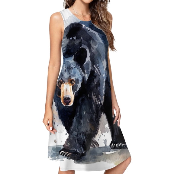 Black Bear Watercolor Art Casual Sleeveless Loose Sundress Dress For Women Summer Dress Daily Woman