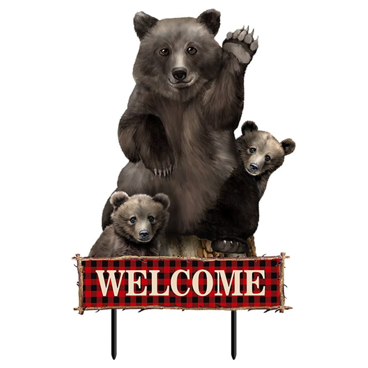 Black Bear Family Welcome Polished Metal Lawn Art
