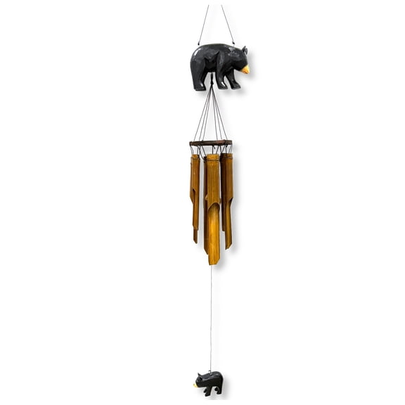 Black Bear Windchime - XL Hand Carved Wood and Bamboo Coastal Nautical Patio Decor Indoor Outdoor Wind Chime 46"