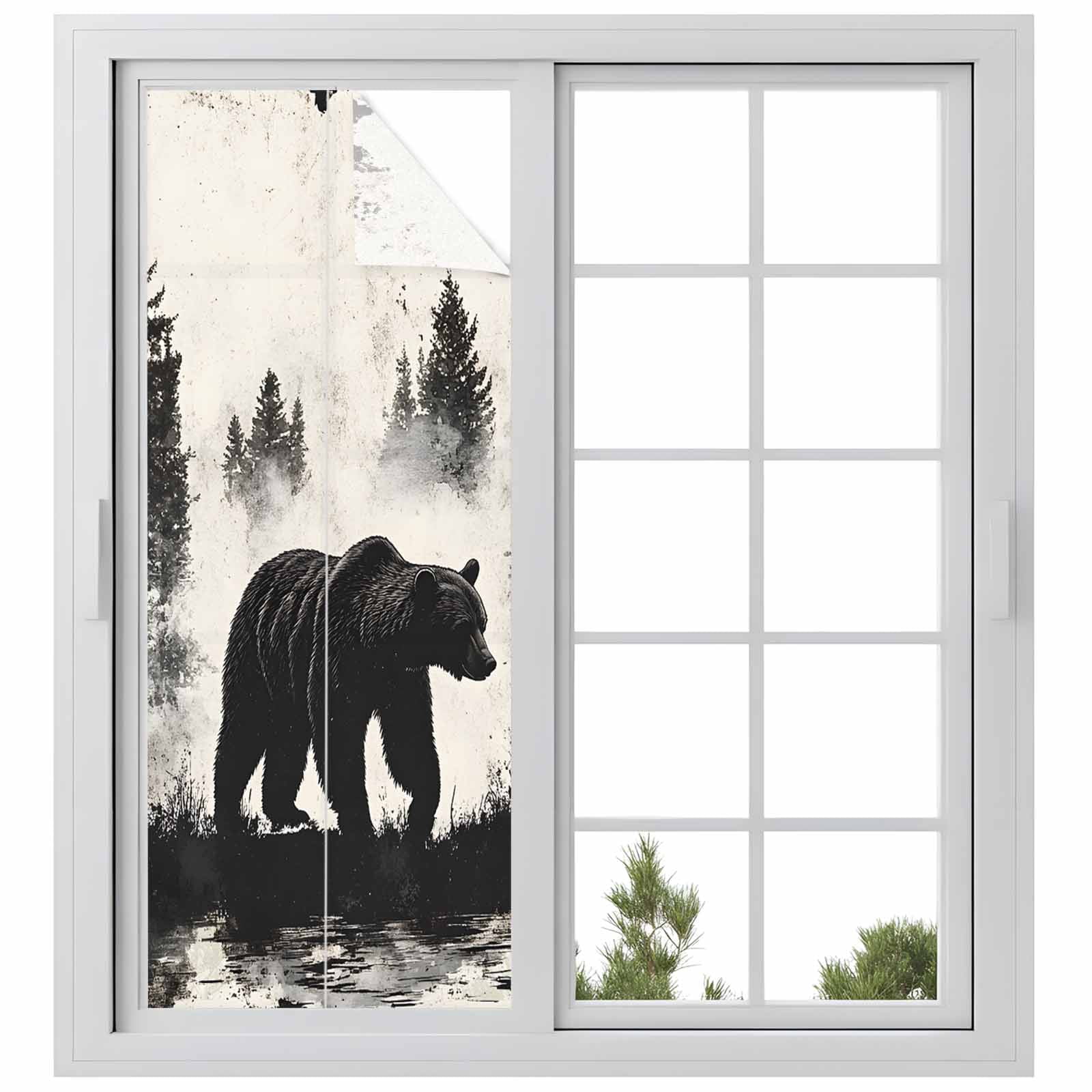 Black Bear Window Privacy Film, Farmhouse Forest Animals Vintage Static Cling UV Sun Blocking Heat Control Window Tint Day and Night, Non-Adhesive Reusable One Way Windows Privacy Cover 29.5''x78.7''