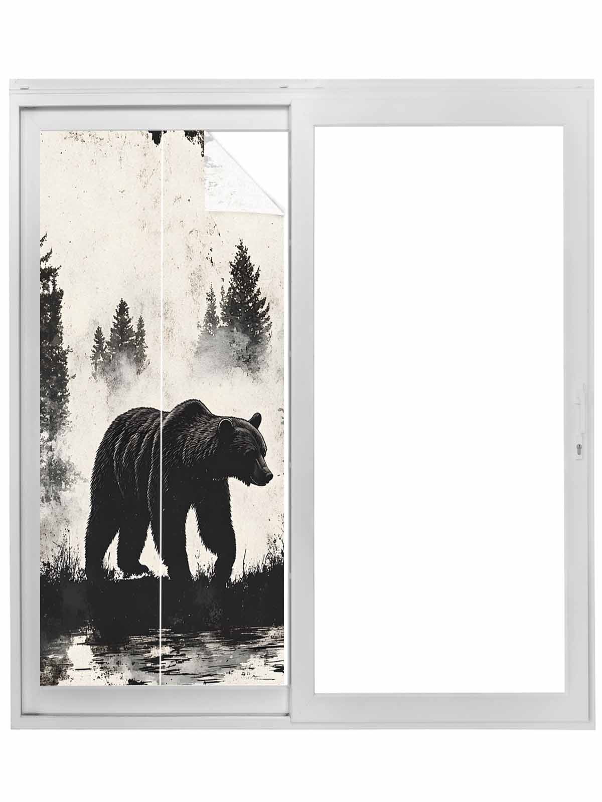 Black Bear Window Privacy Film, Farmhouse Forest Animals Vintage Static Cling UV Sun Blocking Tint Film Heat Control Windows Films for Bedroom Bathroom, Window Stickers 23.6"x59"