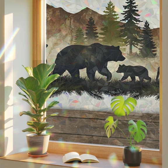 Black Bear Window Privacy Film Rainbow Static Cling Stain Glass Window Film for Glass Door, Decorative UV Blocking Sunroof Decal Sticker for Car Home 19.6"x39.3" Farmhouse Brown Barn Mountain Forest