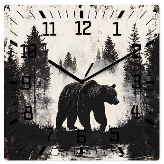 Black Bear Wooden Wall Clock Silent Non Ticking, Farmhouse Forest Animals Vintage Square Wall Clocks Battery Operated, Decor Clock for Home Office, Living Room, Kitchen, 10 Inch