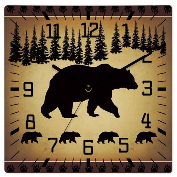 Black Bear Wooden Wall Clock Silent Non Ticking, Vintage Animals Farmhouse Pine Brown Forest Square Wall Clocks Battery Operated, Decor Clock for Home Office, Living Room, Kitchen, 10 Inch