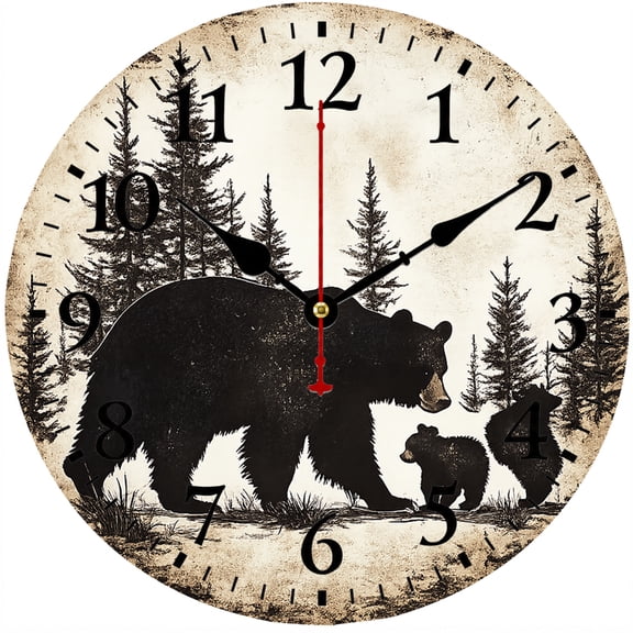 Black Bear and Cubs Wall Clock, 9.84 Inch Rustic Cabin Lodge Wildlife Decor, Battery Operated Analog Clock for Living Room Kitchen Bedroom