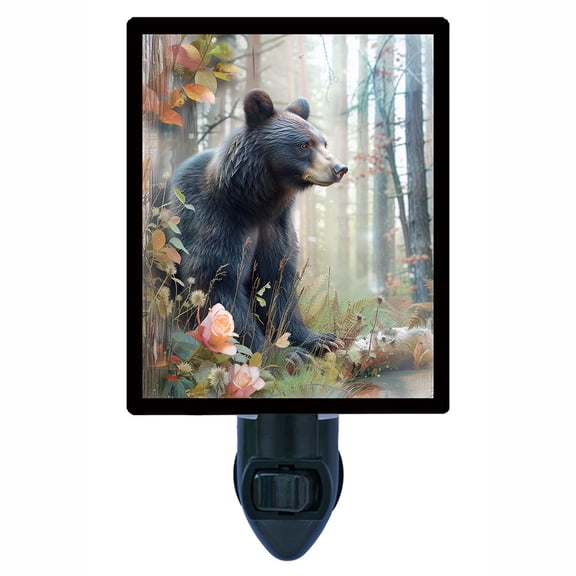 Black Bear at Rest Night Light Peaceful Woodland Bear with Soft Floral Accents Includes Free Switchable Insert