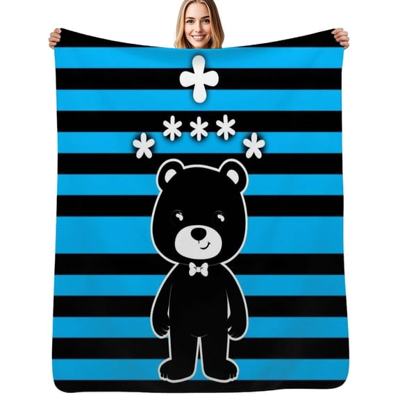 Black Bear on Blue Stripes Flannel Blankets Soft Warm Throw Blanket Autumn Camping Bedroom Aesthetic Bedspread