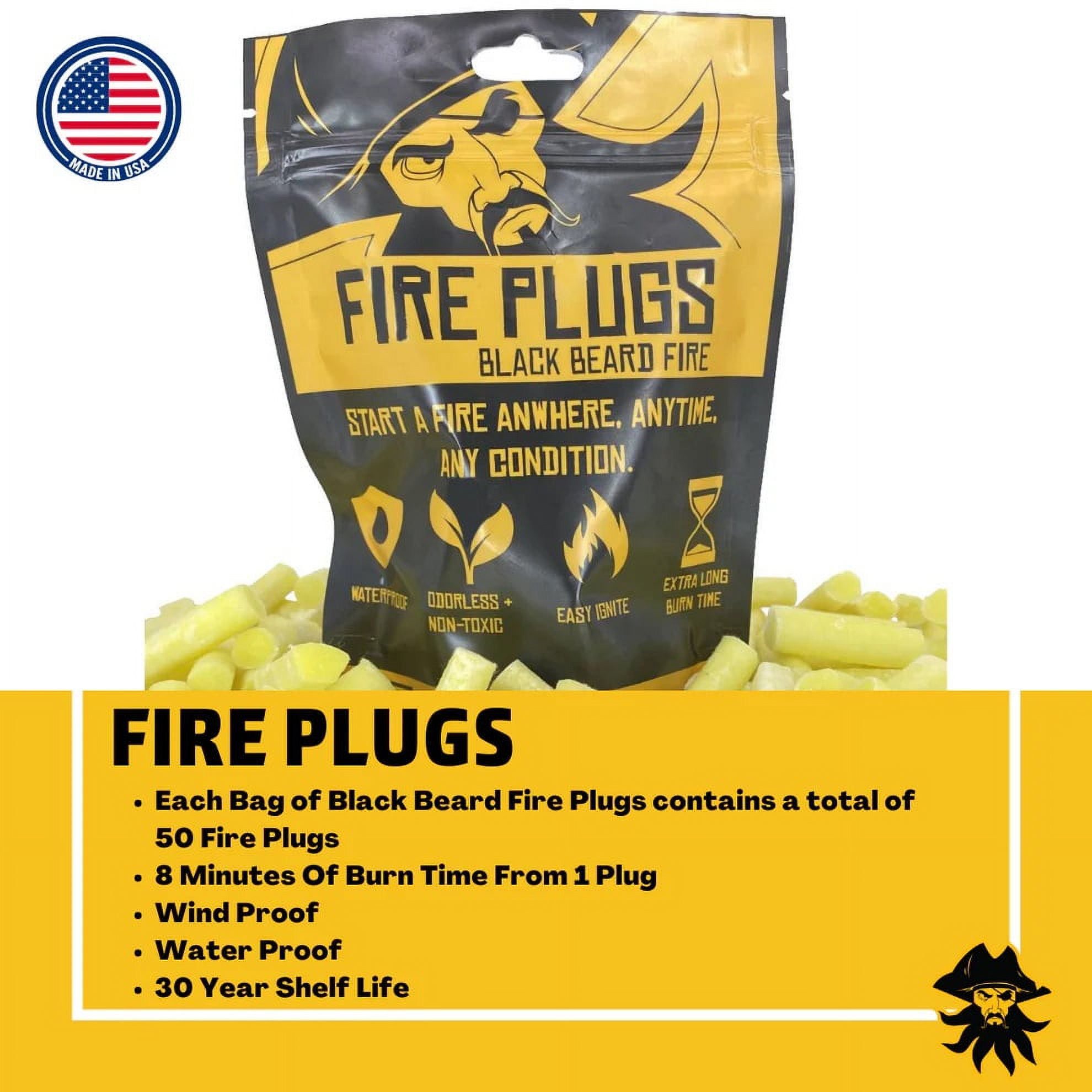 Black Beard Fire Plugs, 50 Plugs Per pack Waterproof Fire Starter Black & Yellow