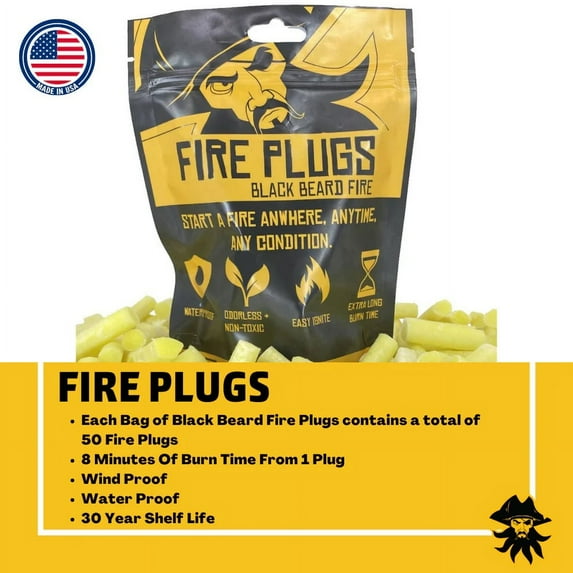 Black Beard Fire Plugs, 50 Plugs Per pack Waterproof Fire Starter Black & Yellow