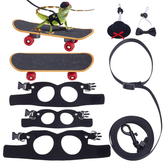 Black Bearded Dragon Lizard Leash Harness Set with Bowknot Collar Hat Collar Scooter 3 Size Lizard Harness Leash Adjustable Small Animal Harness DIY