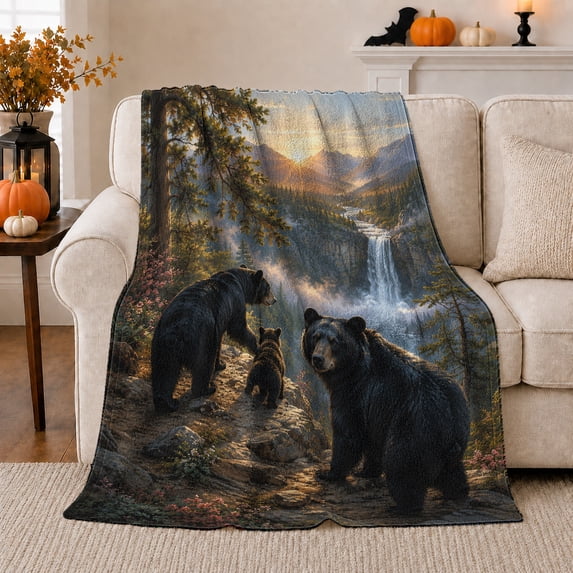 Black Bears on Mountain Overlook with Waterfall Valley, Serene Wildlife Scene for Bear Lovers, Warm Flannel Blanket for Cabin and Lodge, Father's Day Gift, Rustic Home Decor