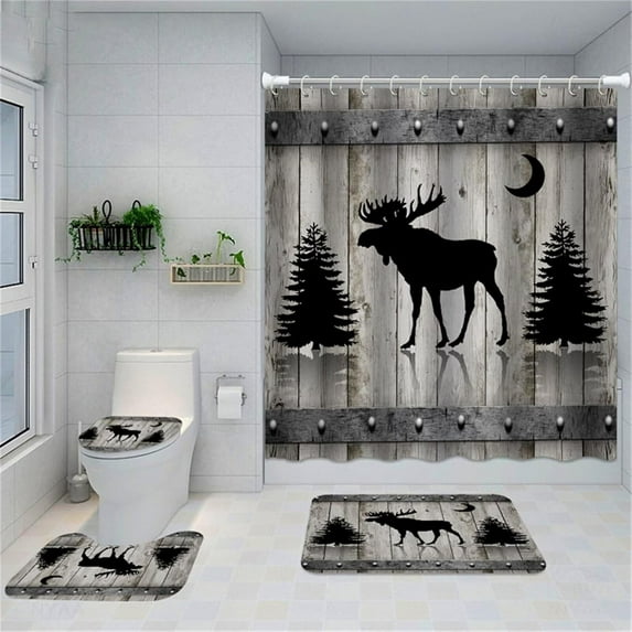 Black Bears Shower Curtain Sets for Cabin Bathroom Vintage Farmhouse Country Wildlife Animal Brown Bath Curtain Set with Non Slip Rugs, 4pcs