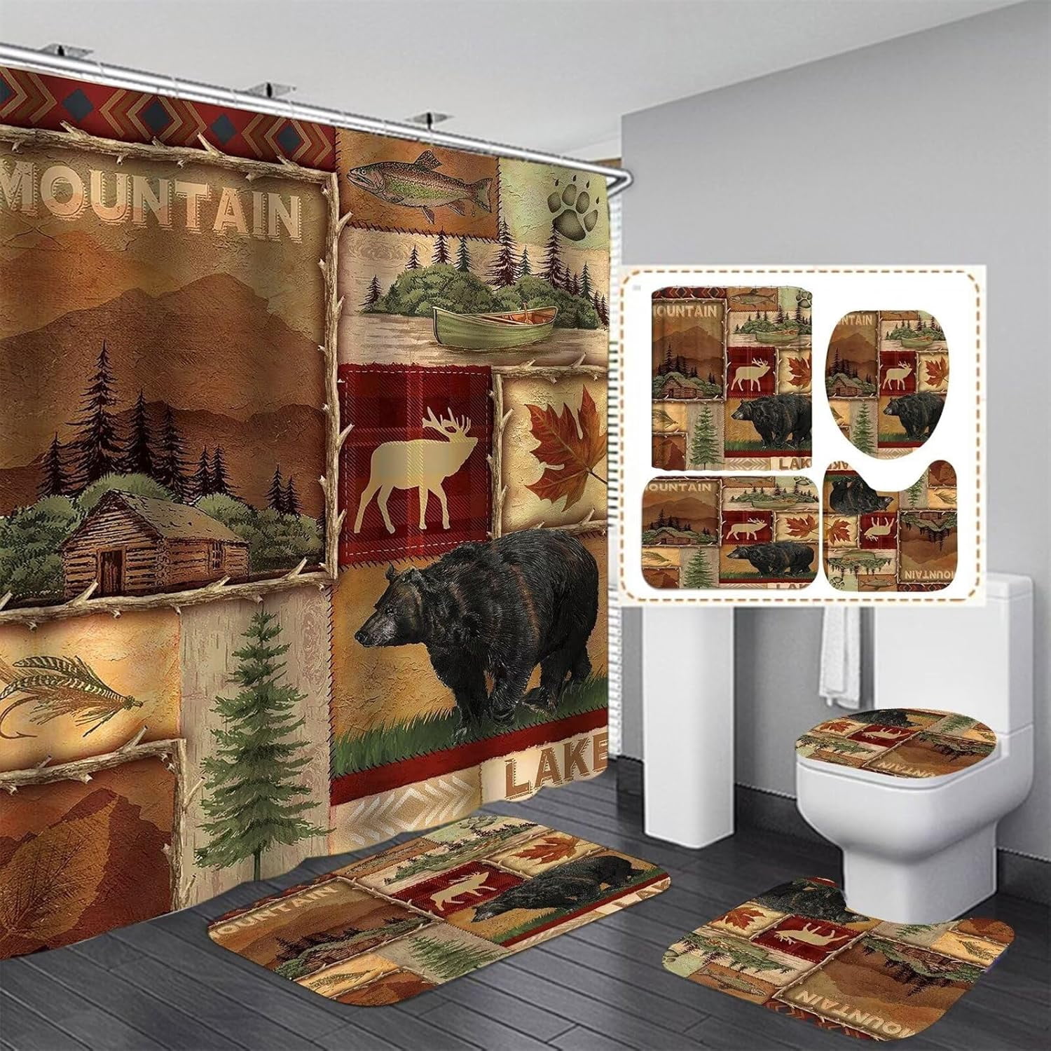 Black Bears Shower Curtain Sets for Cabin Bathroom Vintage Farmhouse ...