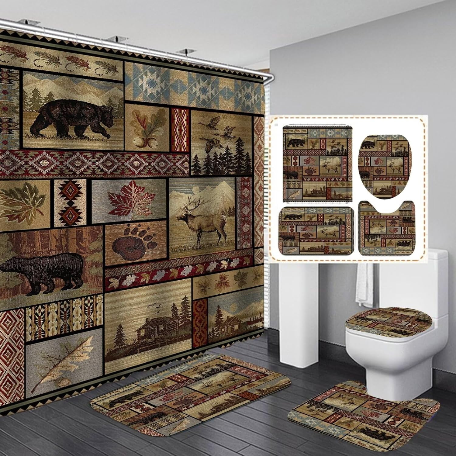 Black Bears Shower Curtain Sets for Cabin Bathroom Vintage Farmhouse ...