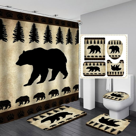 Black Bears Shower Curtain Sets for Cabin Bathroom Vintage Farmhouse Country Wildlife Animal Brown Bath Curtain Set with Non Slip Rugs, 4pcs