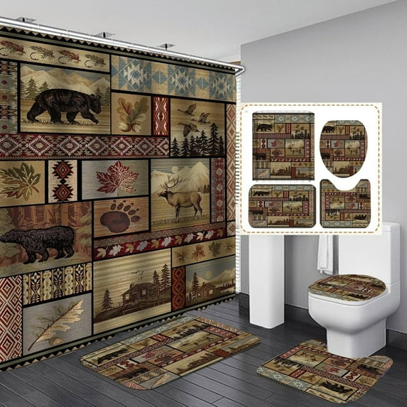 Black Bears Shower Curtain Sets for Cabin Bathroom Vintage Farmhouse Country Wildlife Animal Brown Bath Curtain Set with Non Slip Rugs, 4pcs