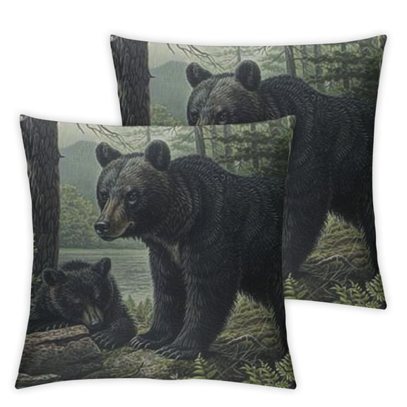 Black Bears Throw Pillow Case Wild Animal Bear River Jungle Mountain Green Tree Decorative Square Cushion Covers Standard Pillowcase Couch Sofa Bed Men/Women