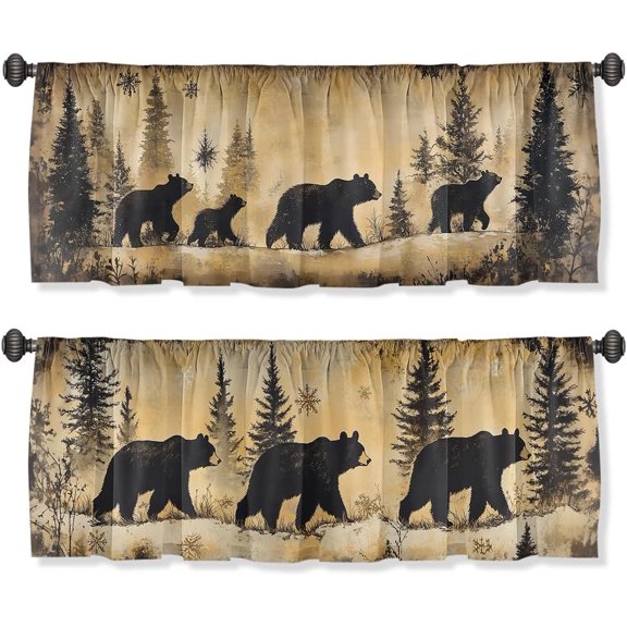 Black Bears Valance Curtain for Windows 2 Pack Old Fashioned Fabric Rod Pocket Window Treatments Short Curtains for Kitchen Windows Bathroom Bedroom 54x18 Inch