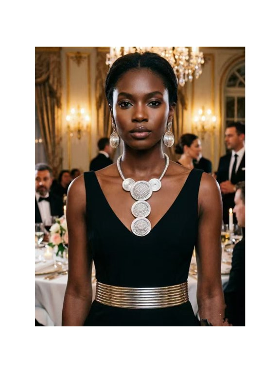 Black Beauty High end Clothing Accessories Set Imitation Pearl Diamond Ball Necklace Earrings PU Elastic Belt Costume Jewelry Set