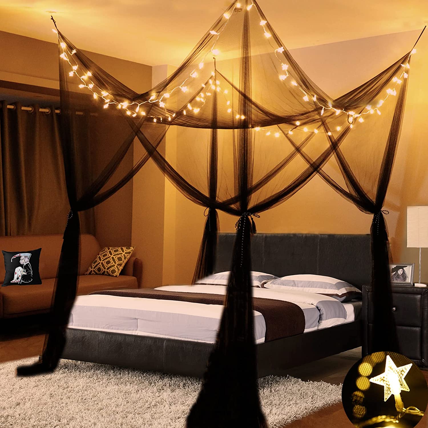 Black Bed Canopy with Lights, 100 LED Star String Lights Canopy Bed
