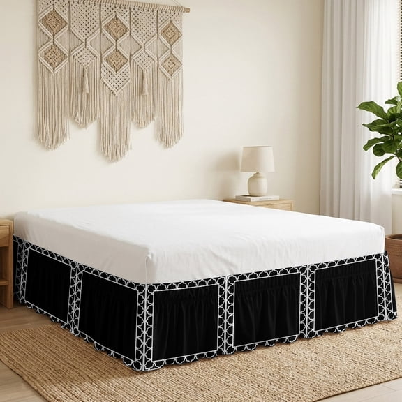 Black Bed Skirt Bed Skirts Queen Size 16 Inch Drop, Geometric Morocco Printed Border Modern Rustic Noir Dark Wrap Around Dust Ruffle Bedskirt with Adjustable Elastic Belt for Queen Size Beds