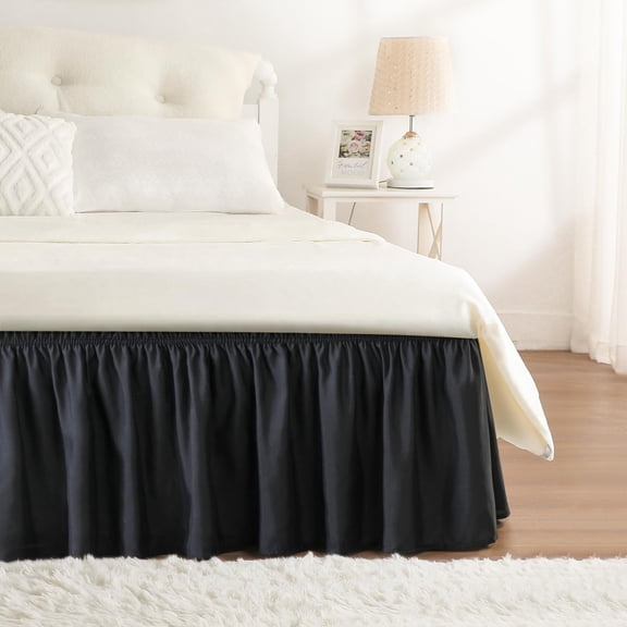 Black Bed Skirt Size 15 Inch Drop  Elastic Skirting For Base And Frame Bedding Dust Ruffle Easy To Install Lightweight Wrap Around Adjustable Bedskirt