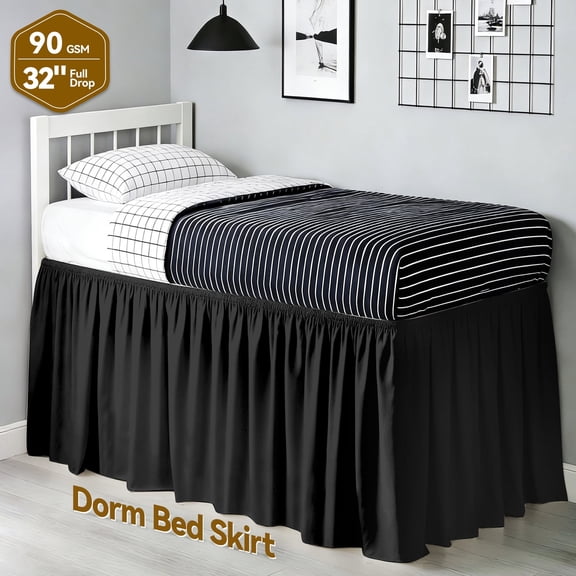Black Bed Skirt for Dorm Twin XL - 32" Drop Extra Long Wrap Around Elastic, Easy Install & Machine Washable Dust Ruffle
