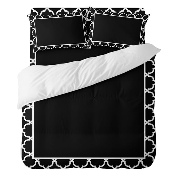 Black Bedding Duvet Cover Set Twin Size 4 Pieces, Geometric Morocco Printed Border Modern Rustic Noir Dark Bedding Set with Zipper, 1 Comforter Cover 68x90 Inches 1 Flat Sheet & 2 Pillow Cases