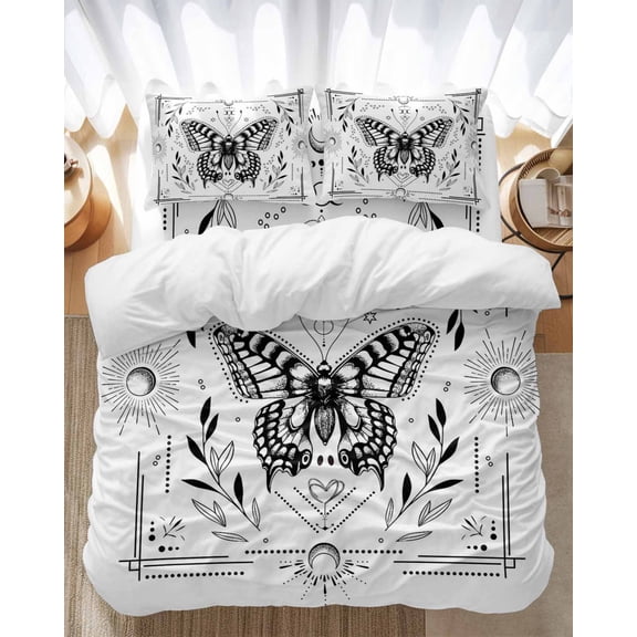 Black and Bedding Duvet Cover Set Twin Size 4 Pieces White Frame Butterfly Sun Moon Soft Twill Plush Quilt Cover, Include 1 Duvet Cover 1 Flat Sheet And 2 Pillow
