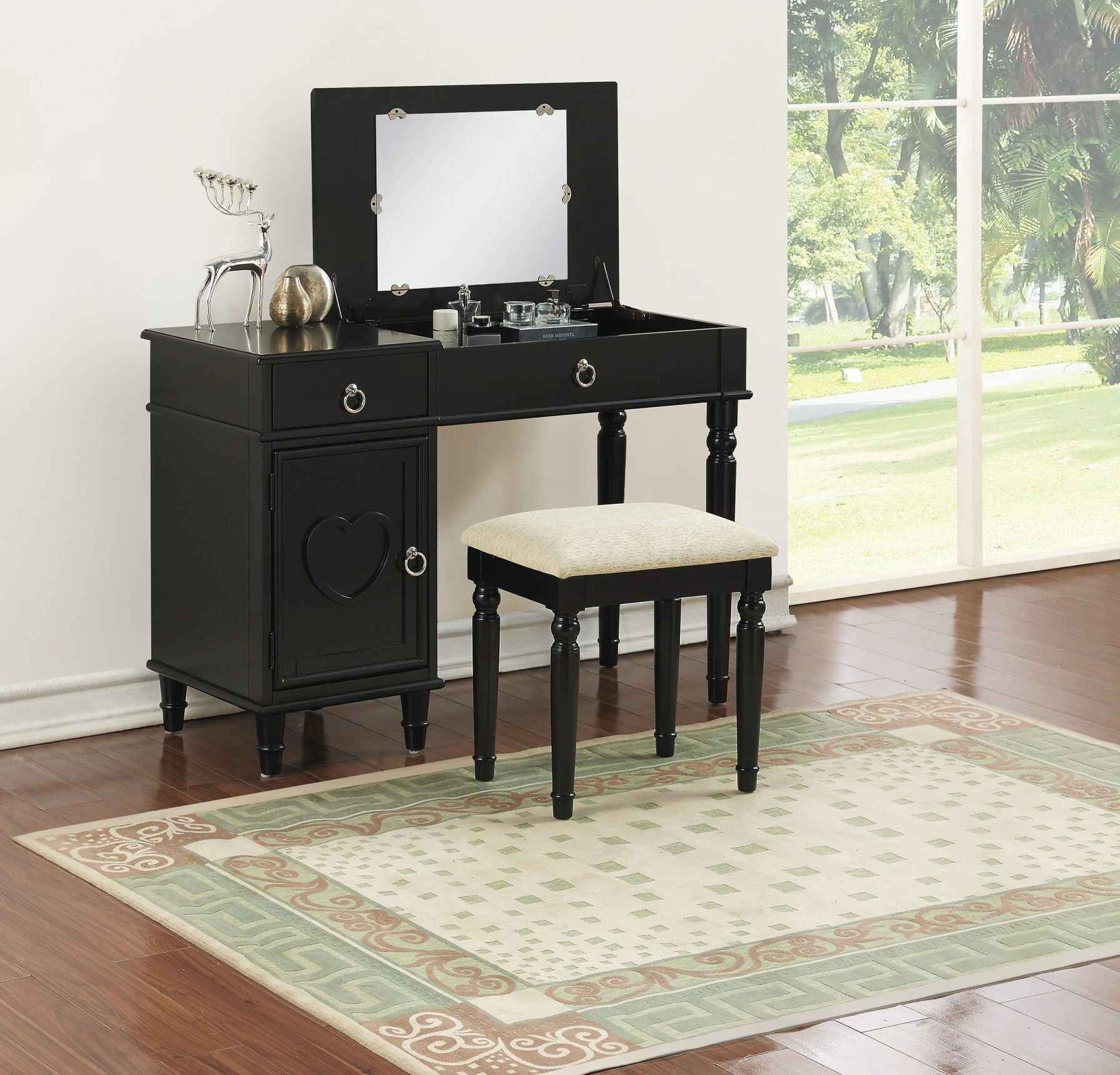 Black Bedroom Vanity Set with Flip Top Mirror and Cushioned Stool