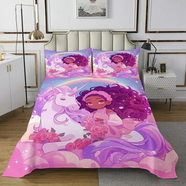 Black Bedspread Set TwinCute Unicorn Coverlet Set Purple Princess Flowers Quilt Set TeensAmerican Black Bedding Set