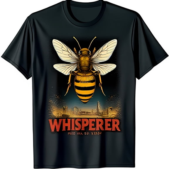 Black Bee Illustration T-Shirt with Cityscape Background 'WHISPERER' Design