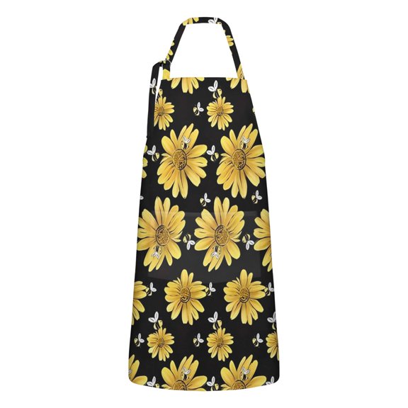 Black Bee Yellow Flower Pattern Apron-Garden Aprons for Women with Pockets-Cotton Linen Waterproof Kitchen Cooking Gardening Aprons Adjustable for Kitchen,Cooking,BBQ and Salon 33x27 Inch