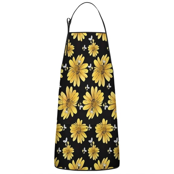 Black Bee Yellow Flower Pattern Apron-Garden Aprons for Women with Pockets-Cotton Linen Waterproof Kitchen Cooking Gardening Aprons Adjustable for Kitchen,Cooking,BBQ and Salon 33x27 Inch