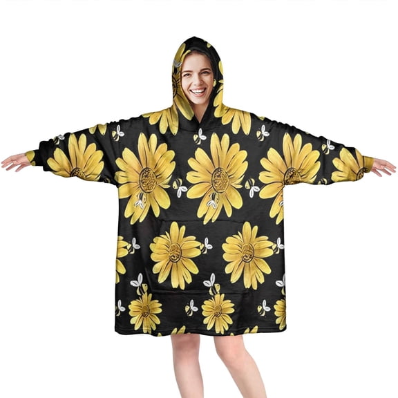 Black Bee Yellow Flower Pattern Wearable Oversized Blanket,Wearable Blanket Hoodie for Adults,Cozy Hooded Blankets with Super Pockets,Super Warm Fuzzy Pullover for Women & Men