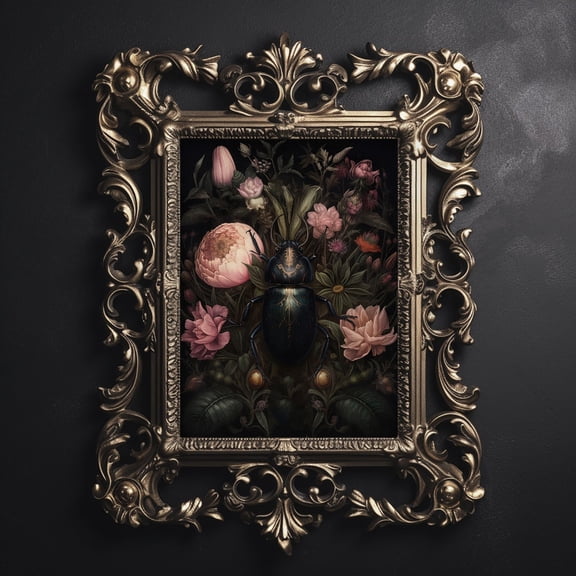 Black Beetle In Dark Flower Garden, Moody Bug Print, Scarab Print, Bug Dark Academia, Cottagecore Wall Art, Beetle Vintage Poster UNFRAMED PAPER POSTER, Home Decor, Vintage Gift, Living Room Dercor