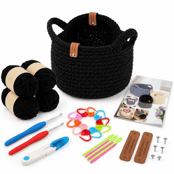 Black Beginner Round Crochet Basket Kit with Gift Box Packaging