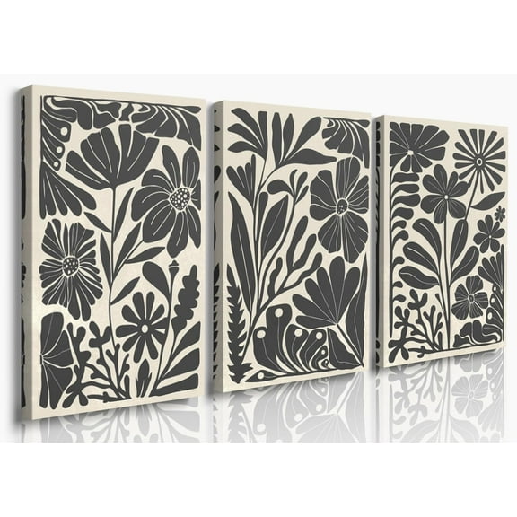 Black Beige Abstract Floral Botanical Canvas Framed Wall Art Prints Minimalist Modern Boho Flower Market Painting Boho Black Flowers Poster Pictures Wall Decor for Bedroom Livingroom 12"x16"