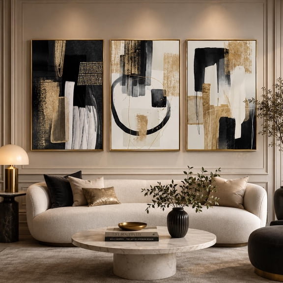 Black Beige Abstract Wall Art, Modern Neutral Prints, Luxury Contemporary Minimalist Decor, Stretched Canvas