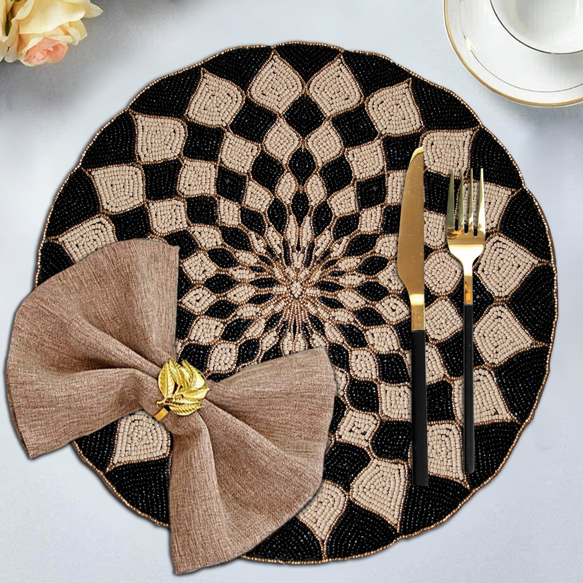 Black Beige Beaded Placemats Pack of 1 for Dining Coffee Table Scratch